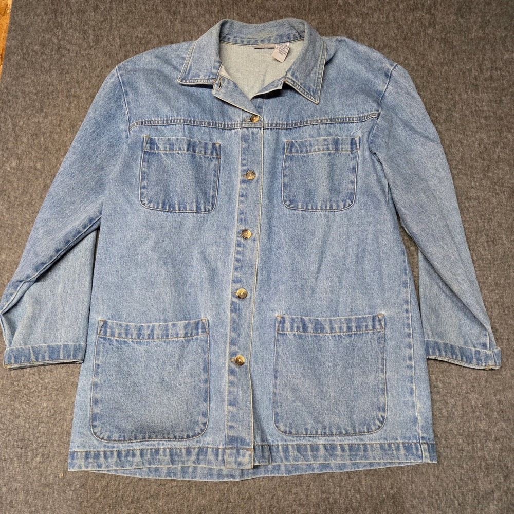Vintage Cabin Creek Denim Chore Jacket Womens Large‎ Blue White Tiger Graphic